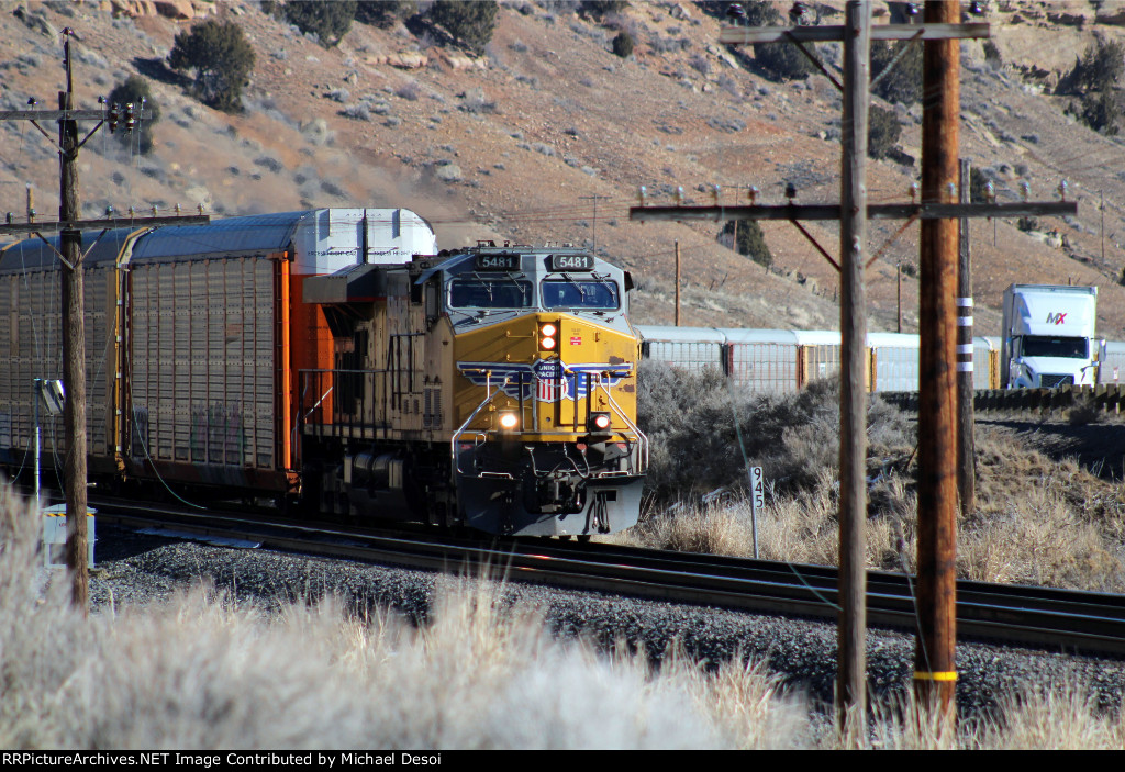 One unit wonder, UP 5481 (C45ACCTE or ES44AC) leads a westbound empty autorack at MP 945 in Echo Canyon, Utah February 19, 2022 {Winter Echofest}